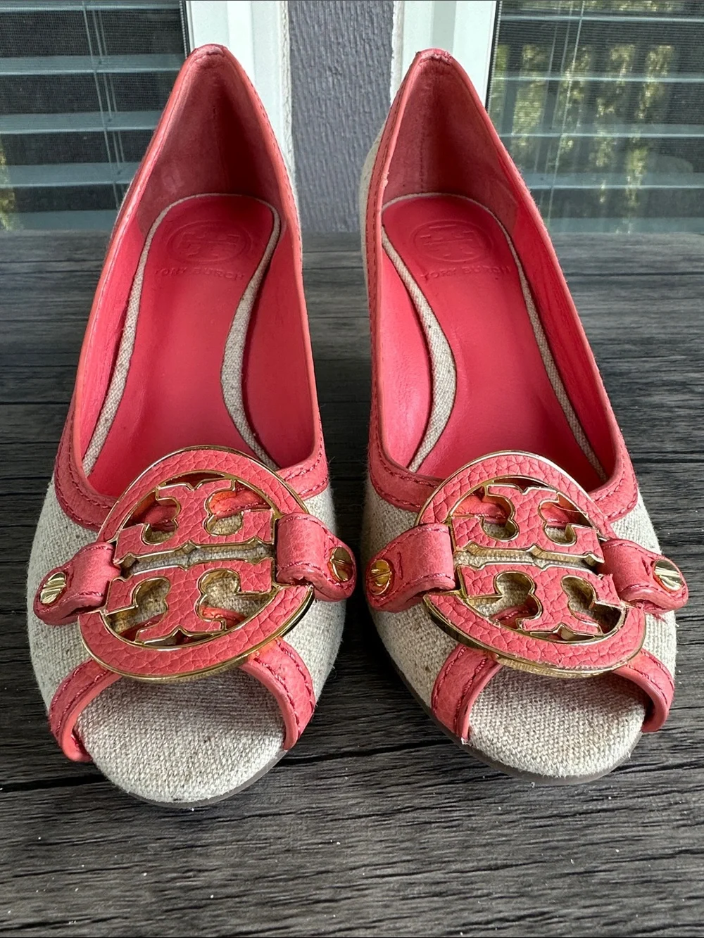 Tory Burch Coral-Trim Peep-Toe Wedges with Gold Logo